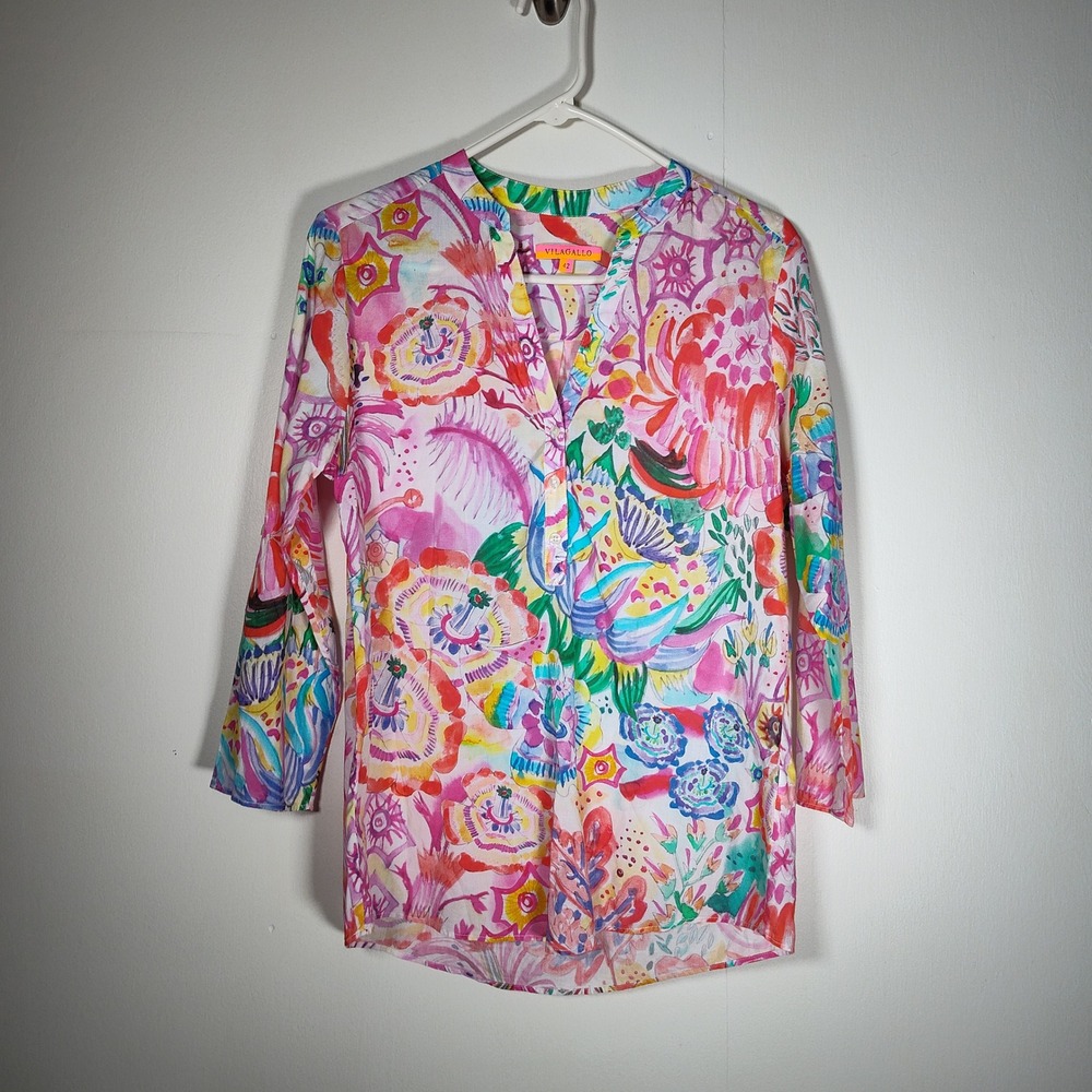 Vilagallo Francina Top Watercolor Floral Tunic Blouse Split Neck 3/4 Sleeve 42 M